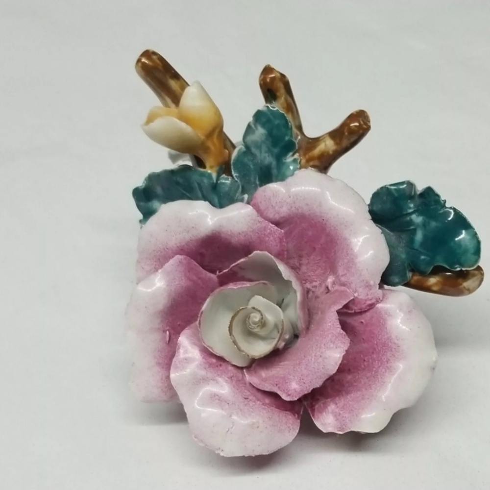 Flower Figurine, Porcelain, Pink, Blue, Orange Rose's, Noft  Made in Romania
